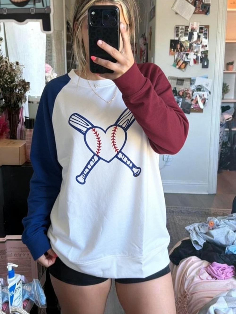 Baseball Heart Raglan Sweatshirt - Cream with Blue & Burgundy Sleeves